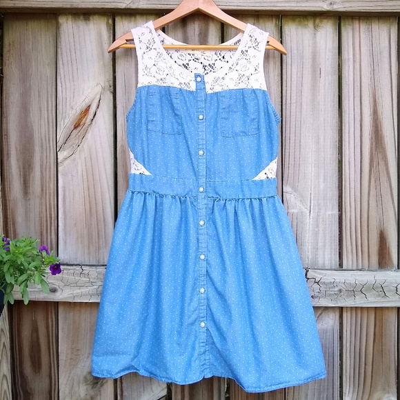 Monteau Dresses & Skirts - Denim & Lace Polka Dot Dress